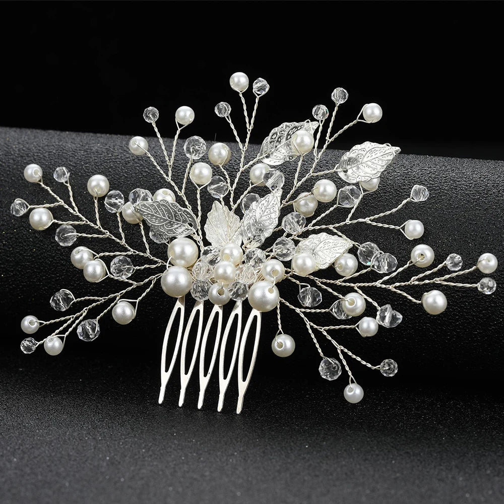 Crystal Pearl Leaf Hair Comb Clip - Handmade Wedding Tiara for Brides Style 5