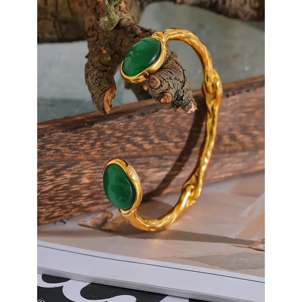 Yhpup Green Natural Stone Gold Cuff Bracelet Bangle