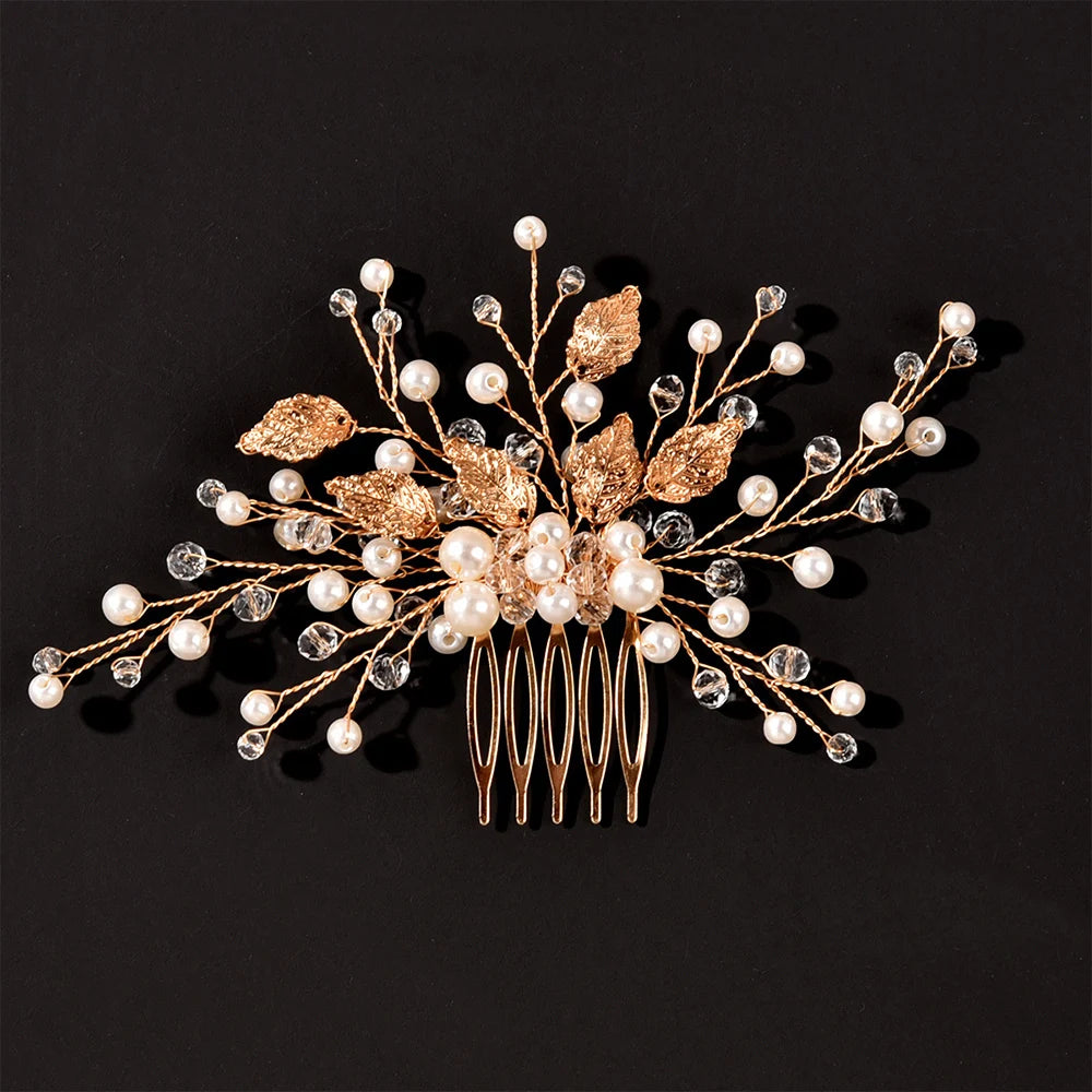Crystal Pearl Leaf Hair Comb Clip - Handmade Wedding Tiara for Brides Style 4