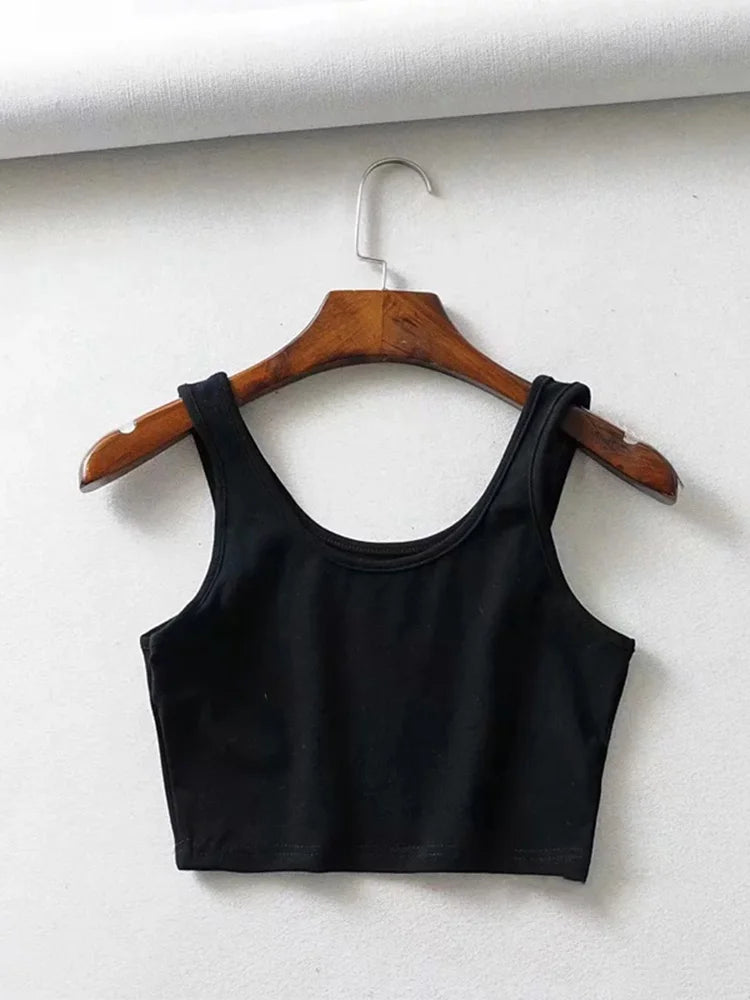 Sexy Women Summer Sleeveless Cotton Knit Crop Top U Collar