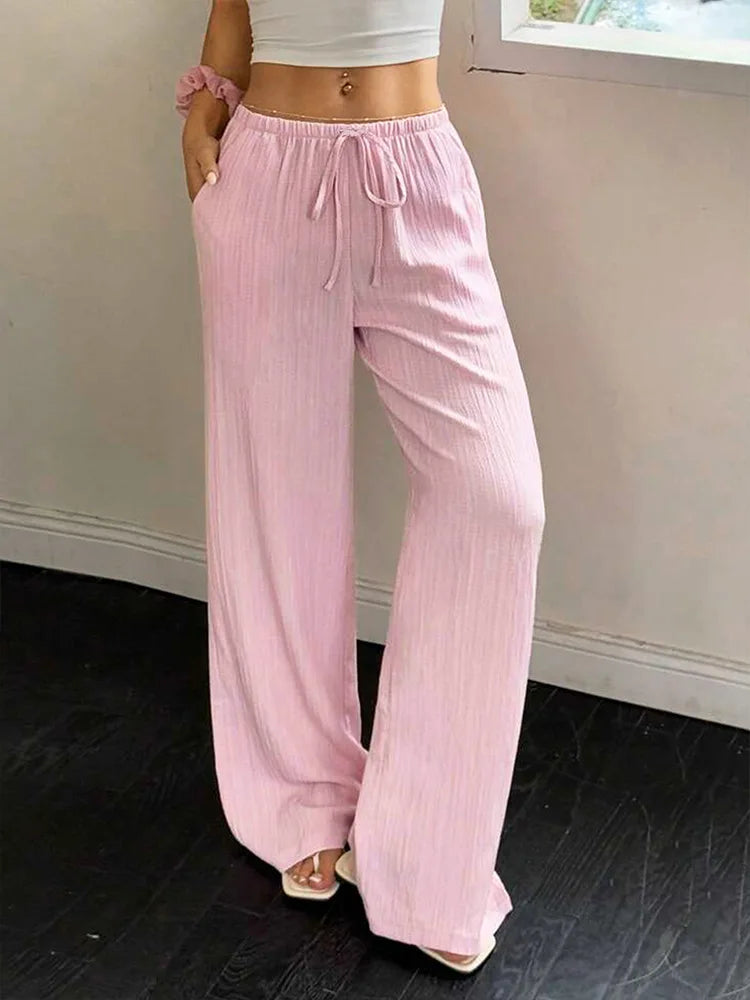 Summer Pink Lace Up Streetwear Trousers For Women Casual
