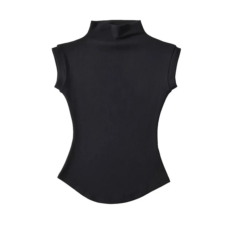 Women Summer Slim Fit Sleeveless Turtleneck Top Casual Solid Color Jersey Tee
