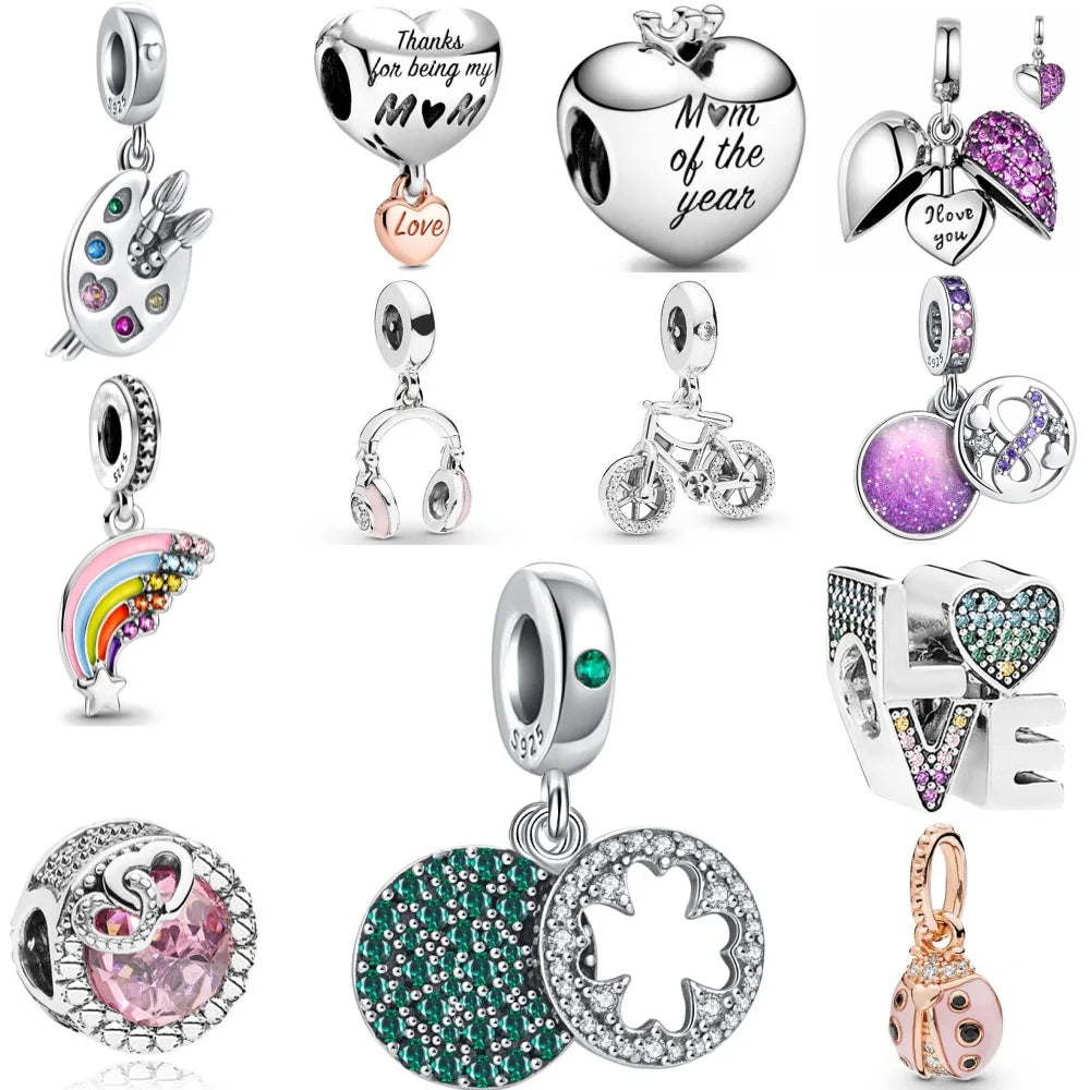 European 925 Silver Green Clover Bicycle Love Pendant Bead for DIY Charm Bracelet and Necklace Jewelry for Women
