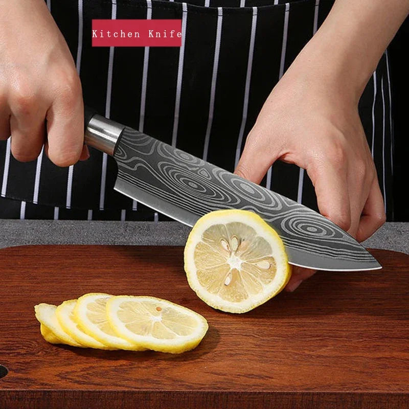 Laser Damascus Pattern Stainless Steel Kitchen Knife Set With Scissors And Sharpening Rod For Precision Cutting And Chef Use