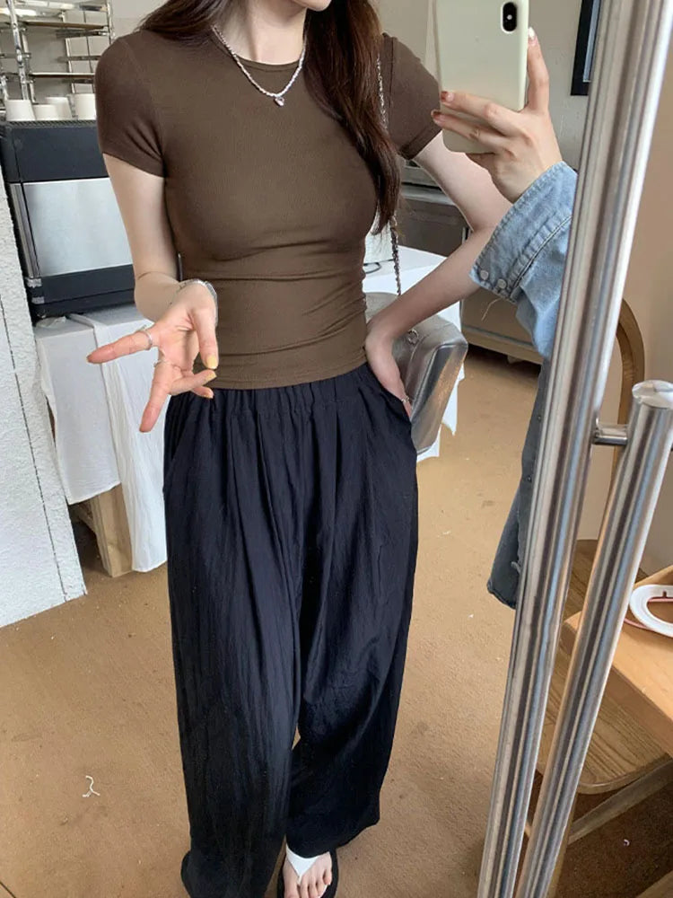 Basic Solid Crop Top Women Crewneck Short Sleeve Streetwear Tee