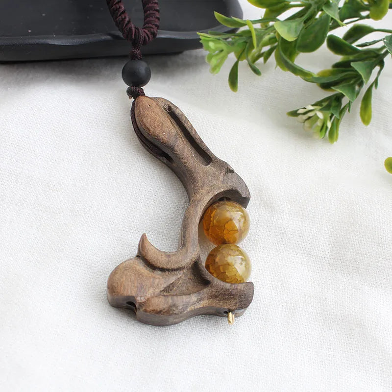 Vintage Long Sweater Chain Necklace for Women with Handmade Sandalwood Pendants in Ethnic Style