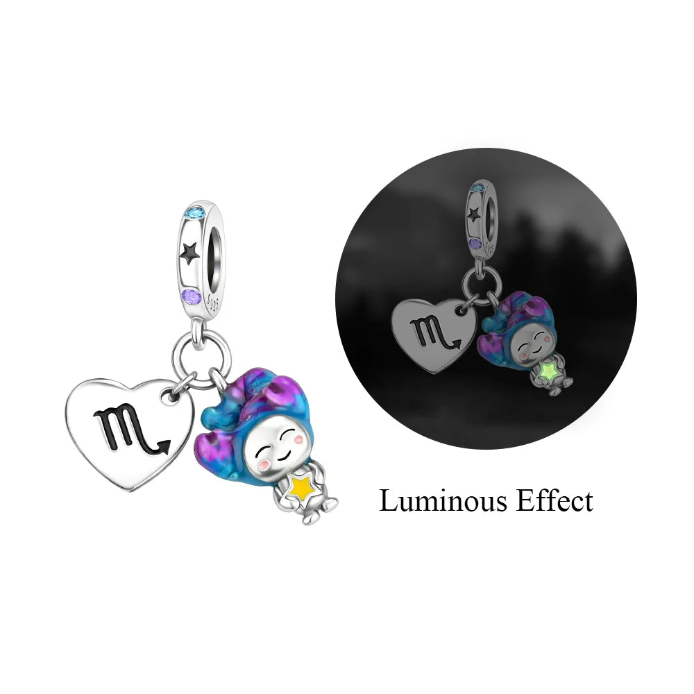 925 Sterling Silver Zodiac Charms with Luminous Stars Zircon Pendants for DIY Bracelets Fine Jewelry Gift
