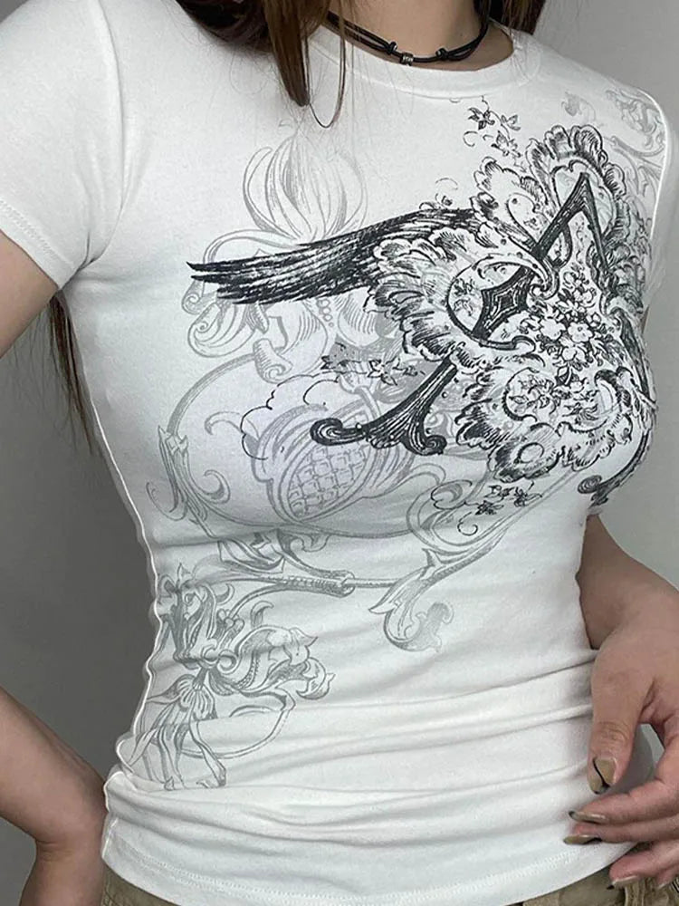 Retro Graphic Crop Top White O Neck Tee For Women Y2K Style