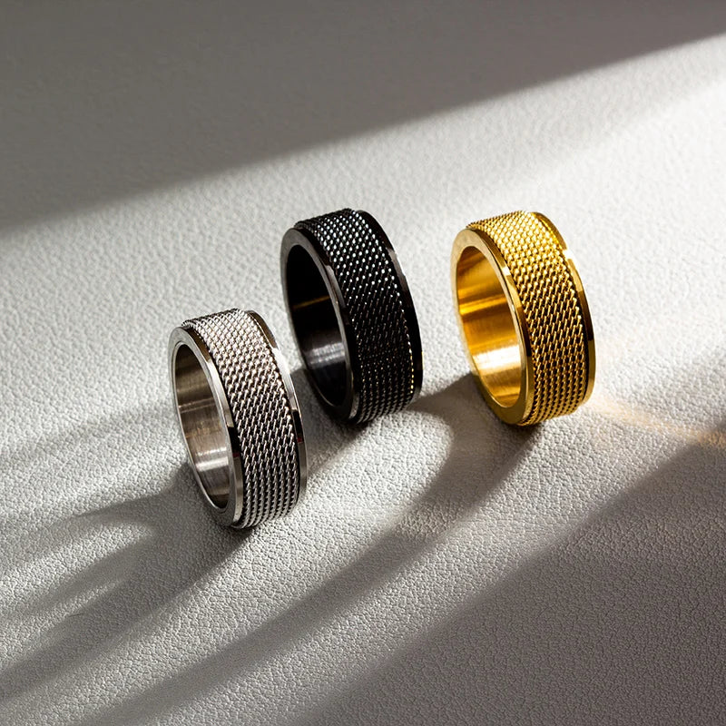 Stainless Steel Braided Mesh Rotating Stress Relief Ring for Men