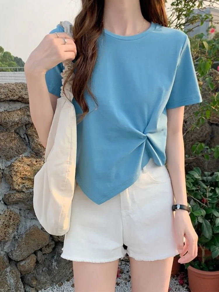 Y2K Irregular Slim O Neck Tee Women Summer Skinny Solid