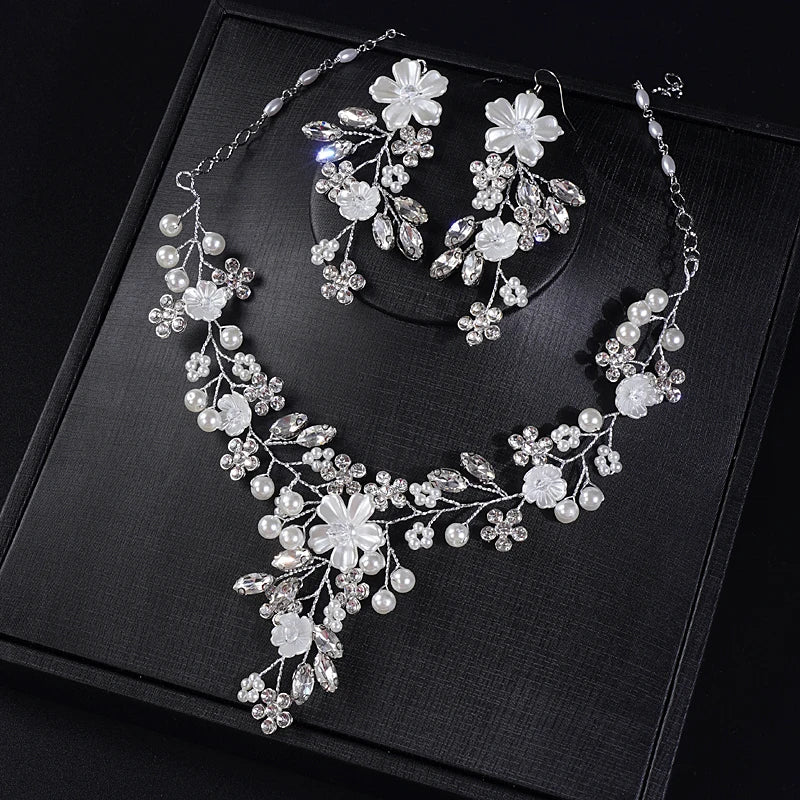 Wedding Elegance Rhinestone & Pearl Jewelry Set - Dangle Earrings & Adjustable Necklace for Women