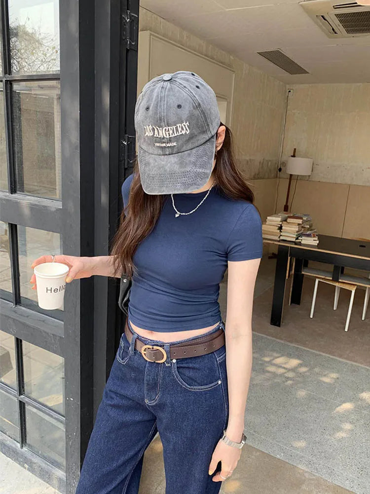 Basic Solid Crop Top Women Crewneck Short Sleeve Streetwear Tee