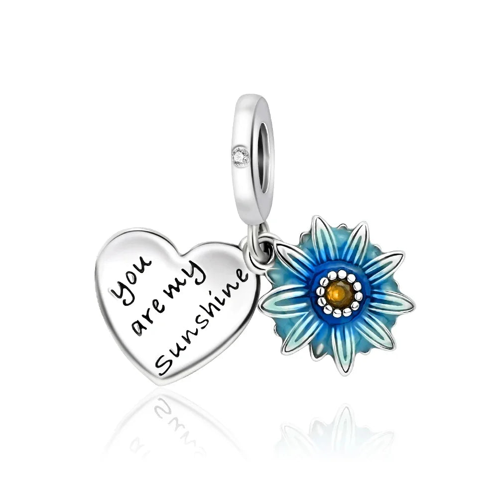 925 Sterling Silver Rose Sakura Flower Dangle Charm with Zircon for DIY Jewelry and Bracelets