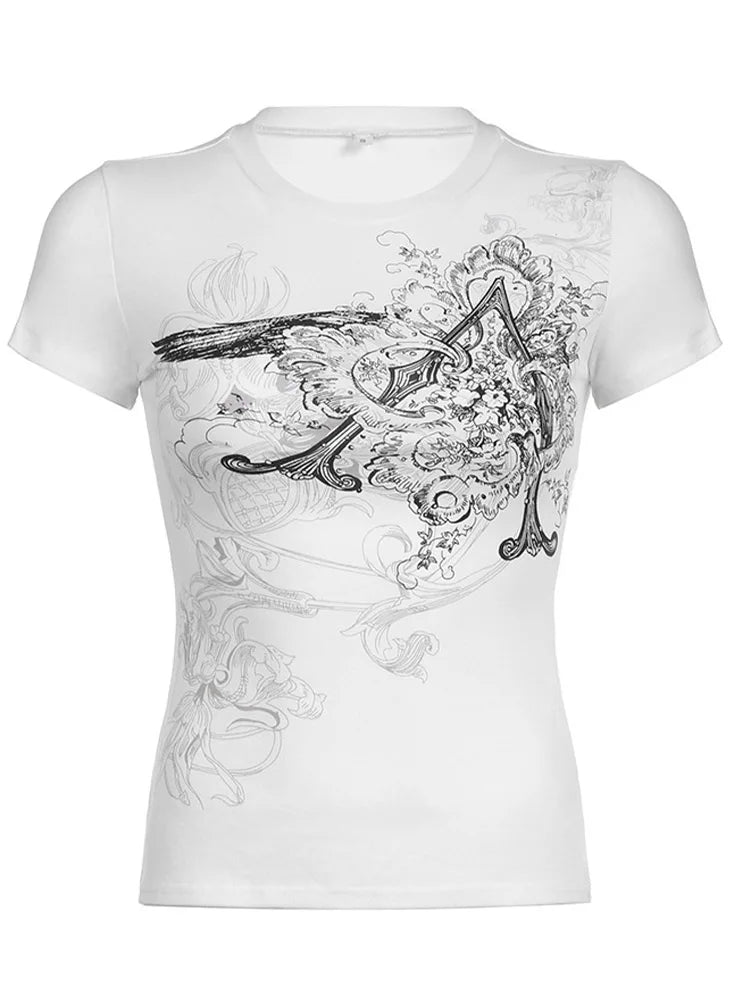 Retro Graphic Crop Top White O Neck Tee For Women Y2K Style