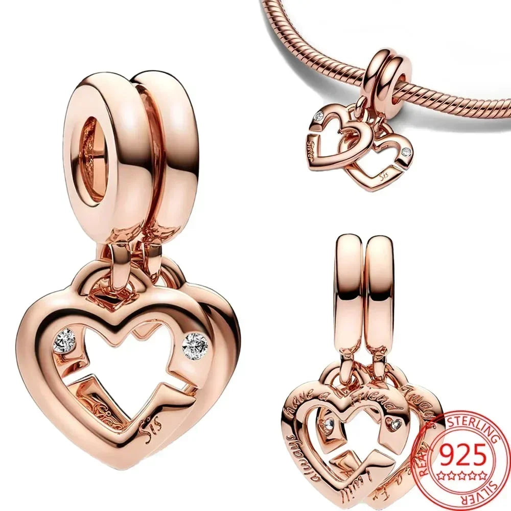 925 Sterling Silver Golden Heart Star Beads Charms for DIY Bracelet and Necklace Gift for Women Mother and Sister