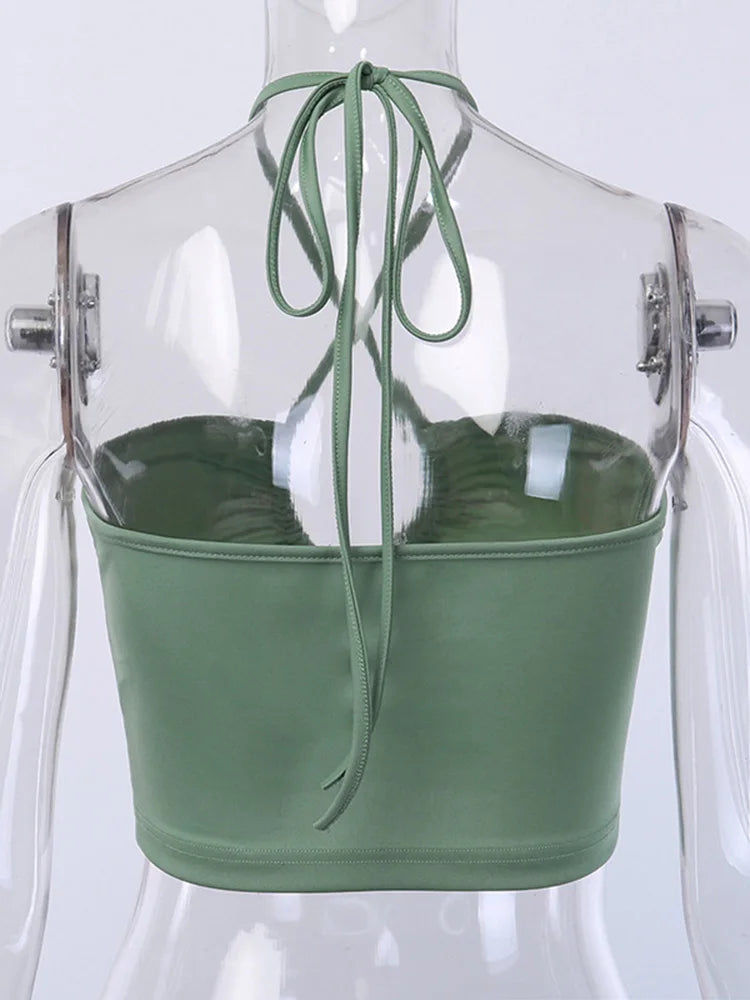 Sexy Lace Up Bow Halter Ruched Crop Top Backless Tube Top