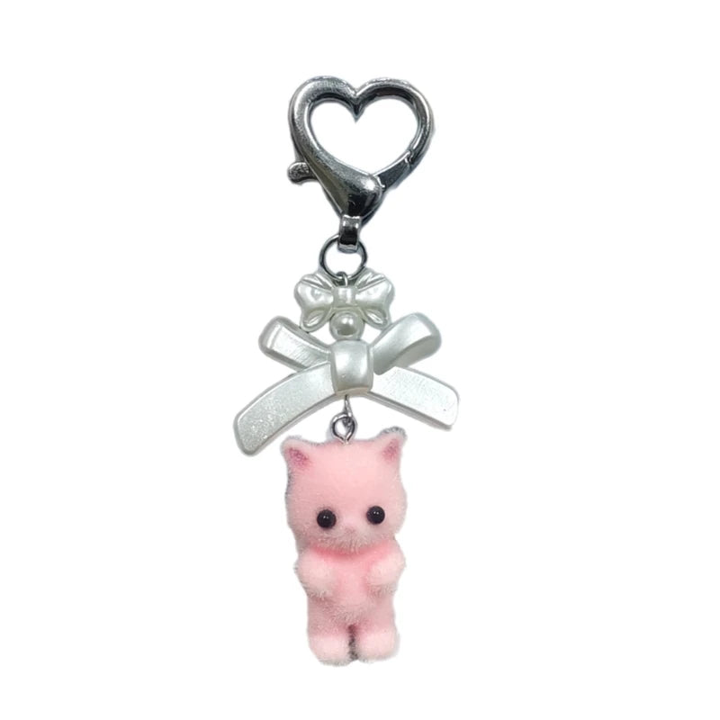 Charming Animal Flocking Keychain with Bowknot Pendant for Women