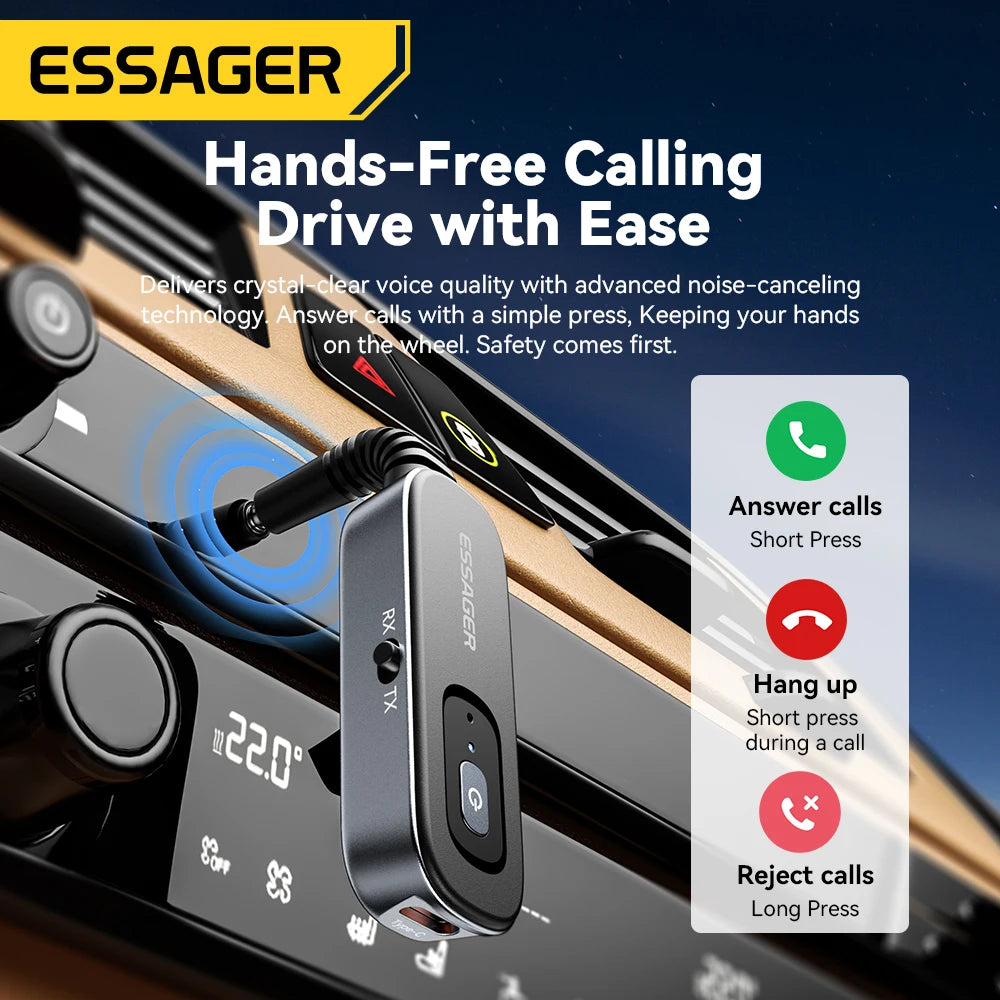 Essager Bluetooth 5.1 Wireless Audio Receiver and Transmitter with 35mm AUX and Mic for PC TV Car Speakers