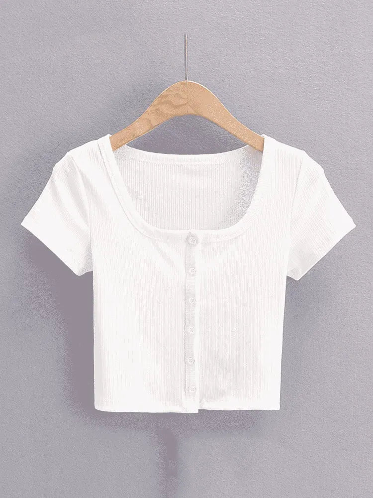 Women Ribbed Button Through Short Sleeve Slim Jersey Top
