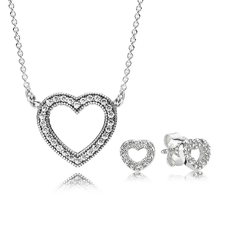 New 925 Sterling Silver Rose Gold Loving Hearts Necklace and Earrings Jewelry Set with Crystal for Women Birthday Gift