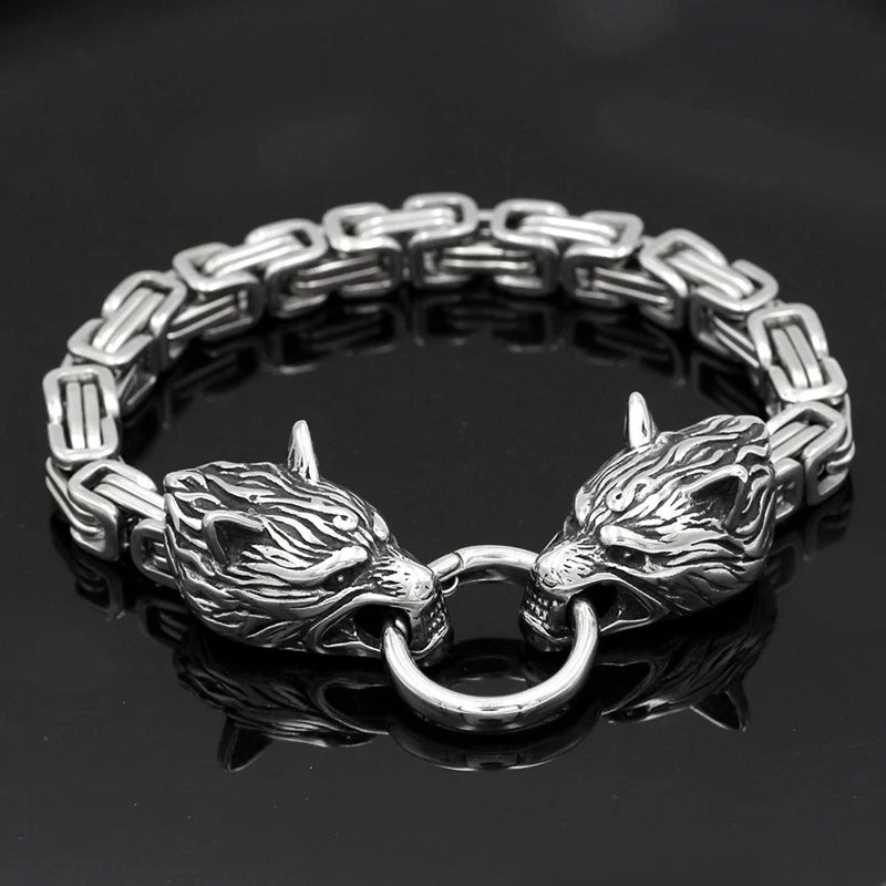 Men's Stainless Steel Viking Wolf Head Bracelet with Thick Chain Biker Punk Wristband