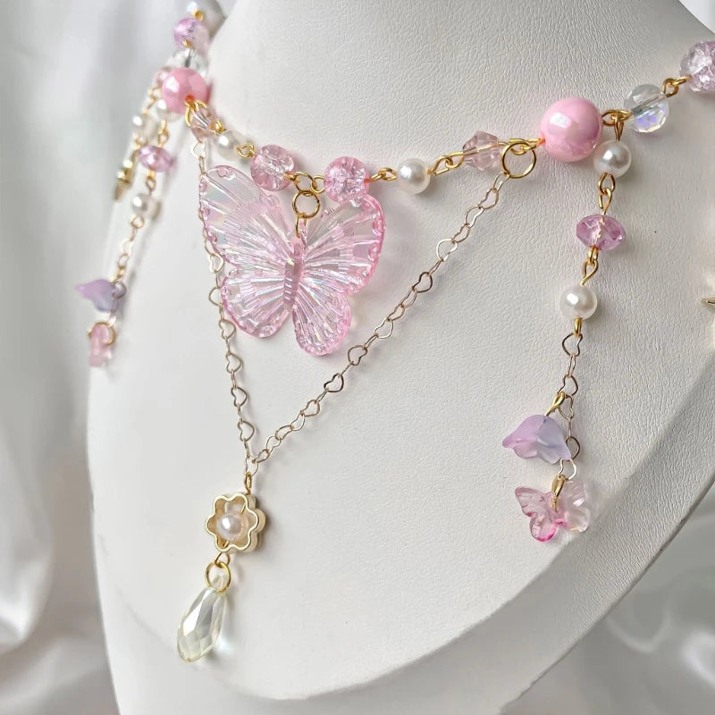 Elegant Beaded Butterfly Pendant Necklace for Women with Adjustable Chain