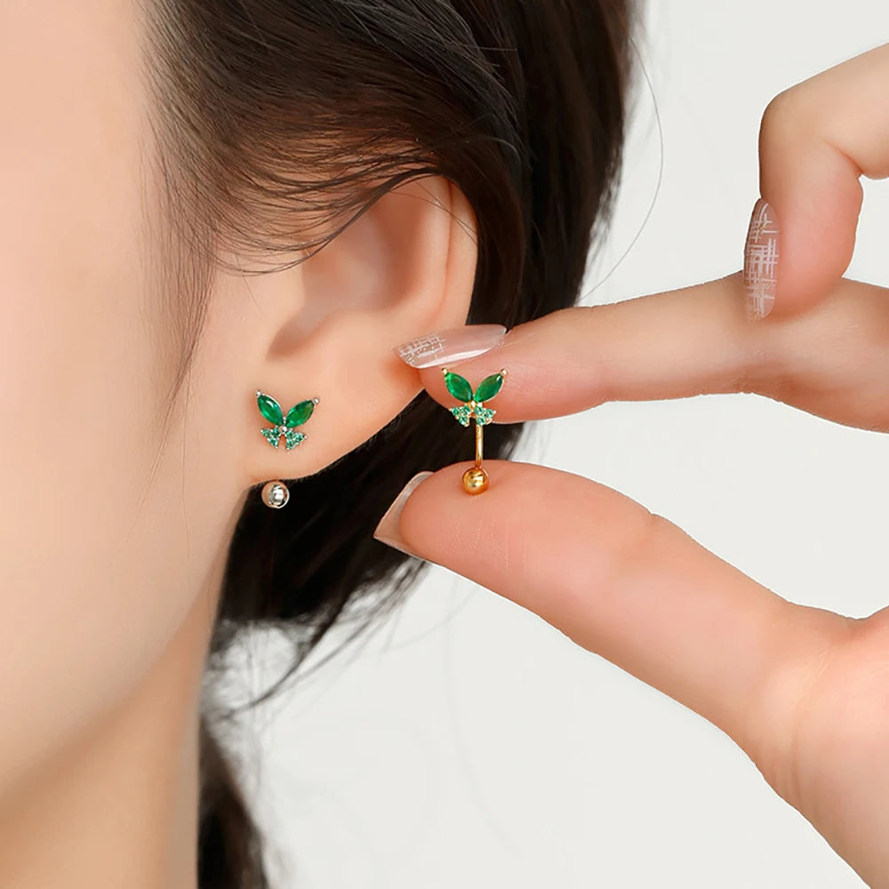 Stainless Steel Green Crystal Butterfly Earring Minimalist U-Shape Helix Studs for Tragus and Cartilage Piercing