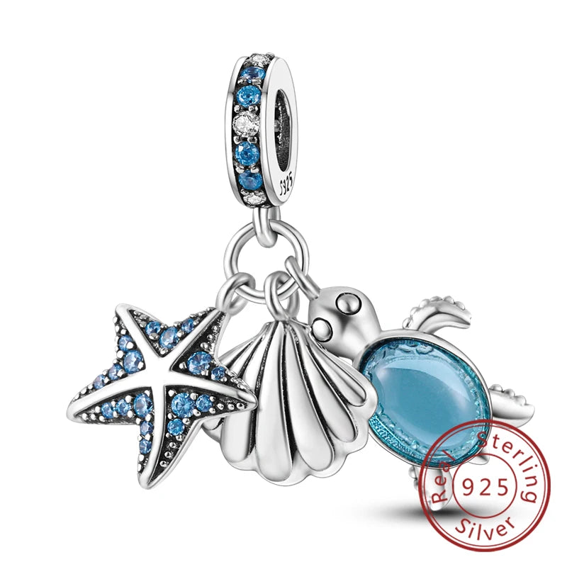 925 Sterling Silver Ocean Turtle Beach Charms Blue Shell