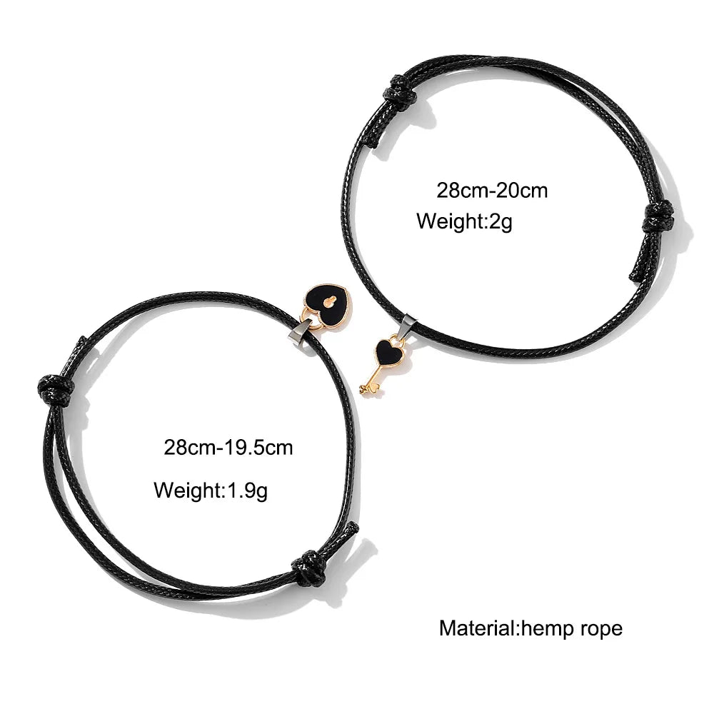 Charm Black Heart Key Lock Adjustable Couple Bracelets Set for Lovers