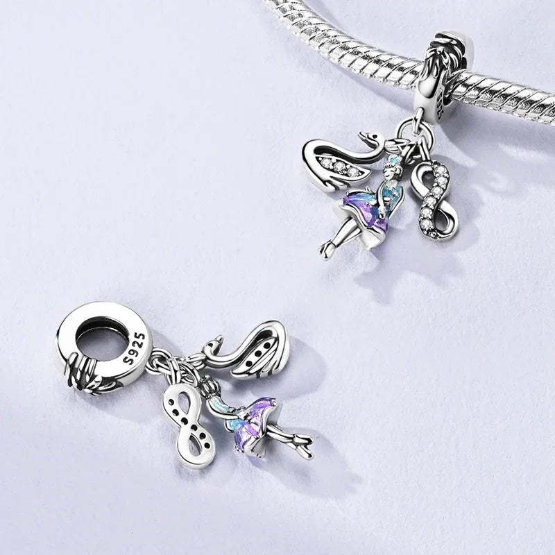 Sterling Silver Cat and Flower Heart Charm for DIY Bracelet Jewelry KTC1639
