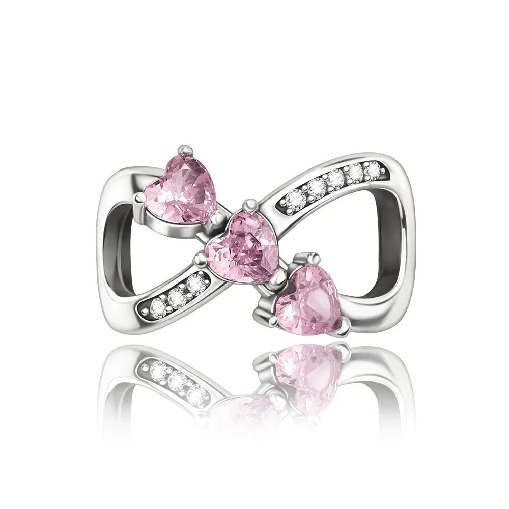 Romantic 925 Sterling Silver Pink Lipstick Heart Bow Rose Flower Zircon Charm Bead for DIY Bracelet Jewelry Gift