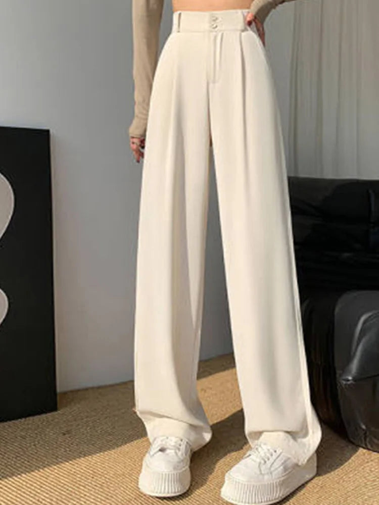 High Waist Wide Leg Pants Women Coffee Autumn Double Buttons