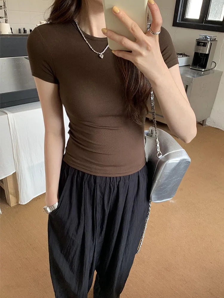 Basic Solid Crop Top Women Crewneck Short Sleeve Streetwear Tee