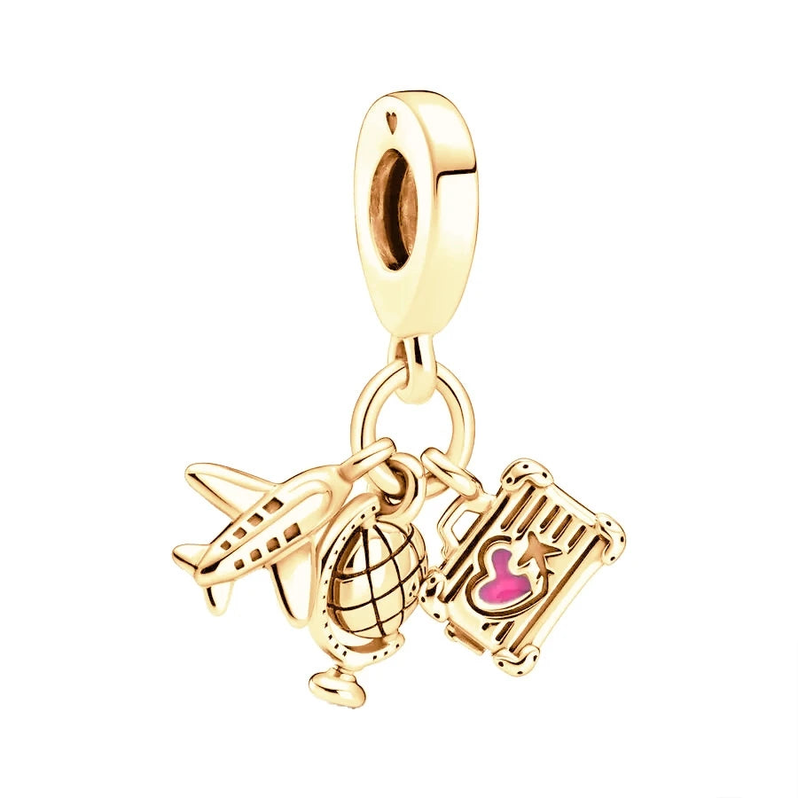 Gold Plated Pink Daisy And Clear Heart Charm Bead 925