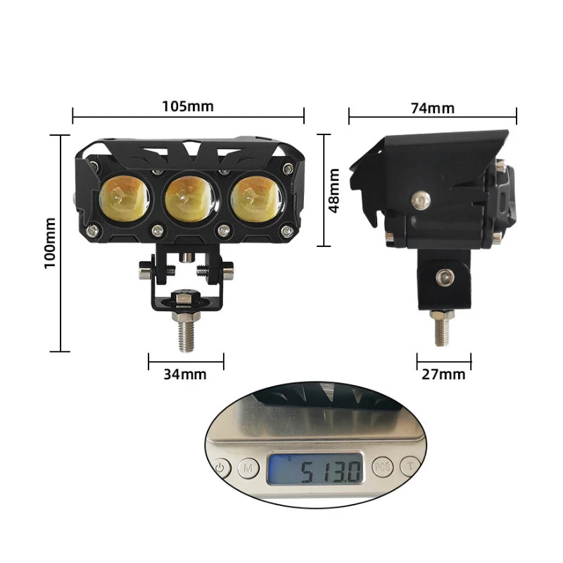 Motorcycle LED Spotlight 3 Lens Dual Color High Low Beam