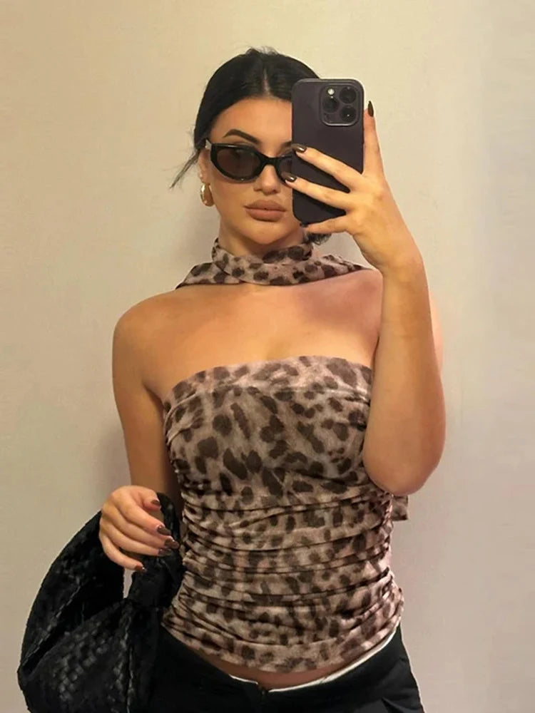 Dozw Leopard Print Crop Top Ruched Corset Backless Women