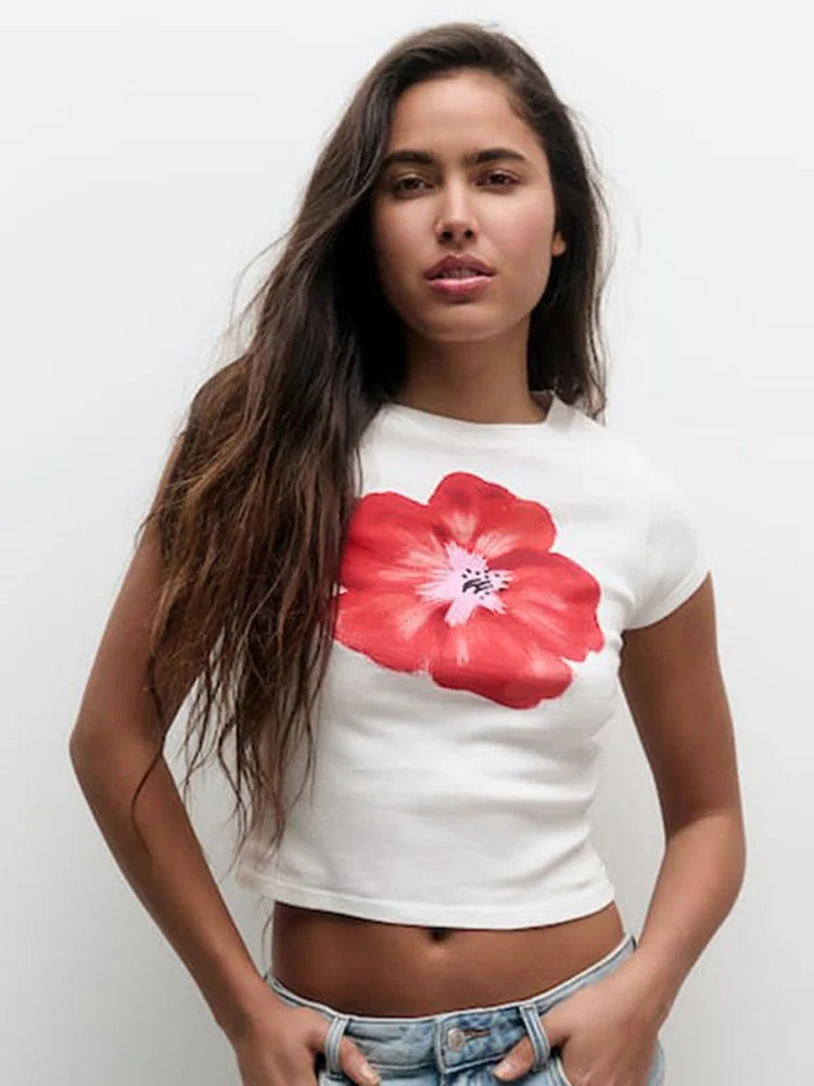 Dozw Crop Top Women Red Flower Print O Neck Short Sleeve
