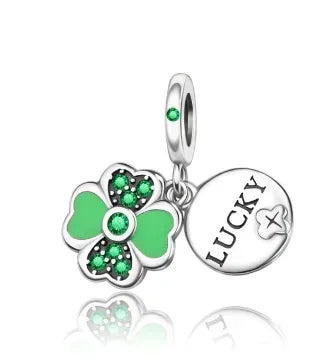 Lucky Four Leaf Clover Dangle Charm Sterling Silver Family Tree Flower Bead Pendant for Bracelets and Necklaces