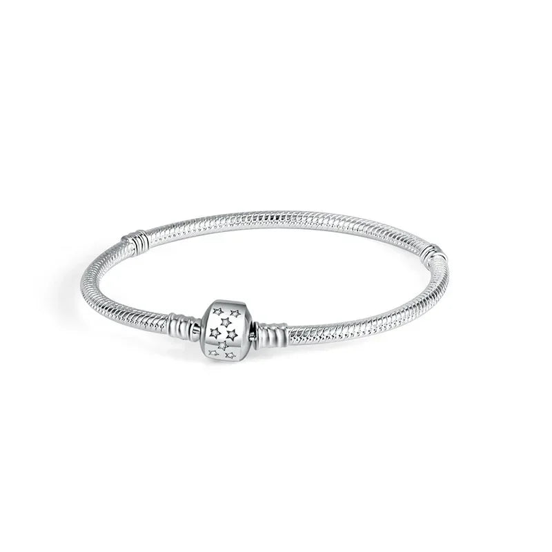 Sterling Silver 925 Star Clover Lotus Flower Snake Chain Bracelet for Women DIY Charm Jewelry Gift
