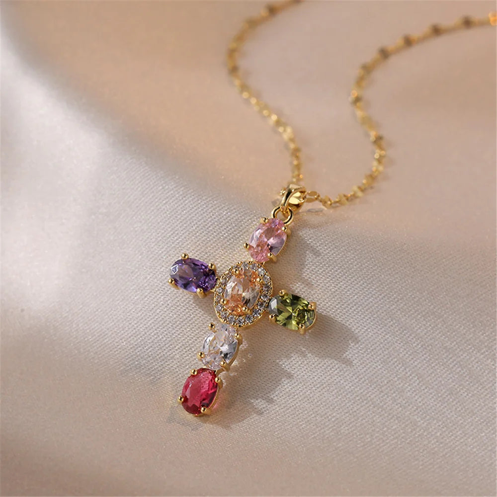 Elegant Rainbow Zircon Cross Pendant Necklace in Vintage Gold for Women
