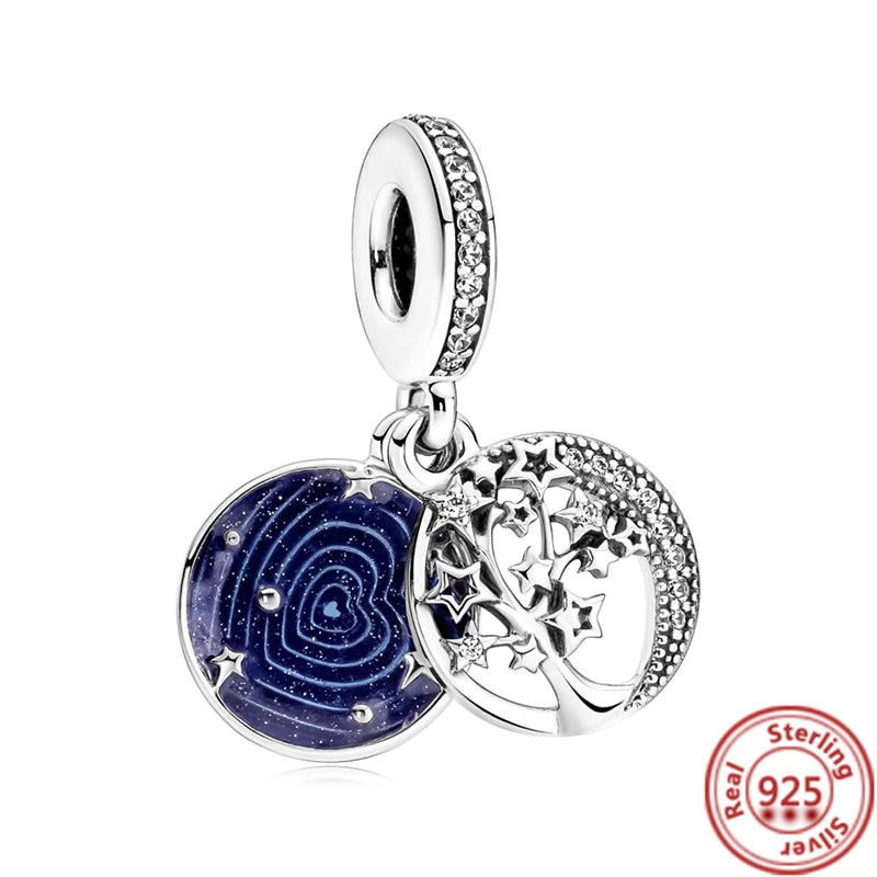 Sterling Silver Blue Zircon Feather Crown Moon Pendant Charm Bracelet Beads N150 3mm-4mm