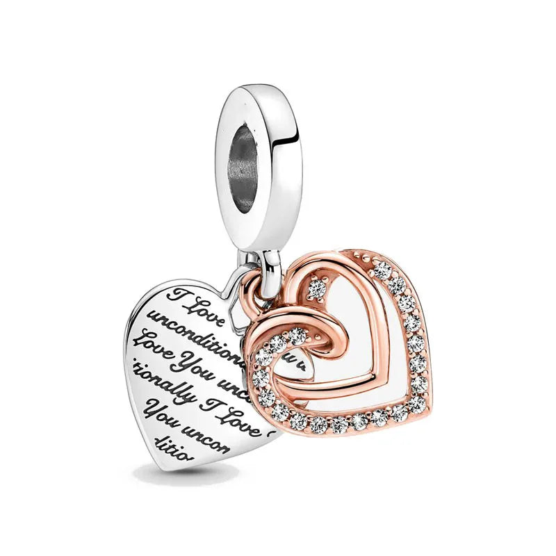 925 Silver Heart-Shaped Beads with Lotus and Bird Pendant for European Bracelet DIY Exquisite Jewelry