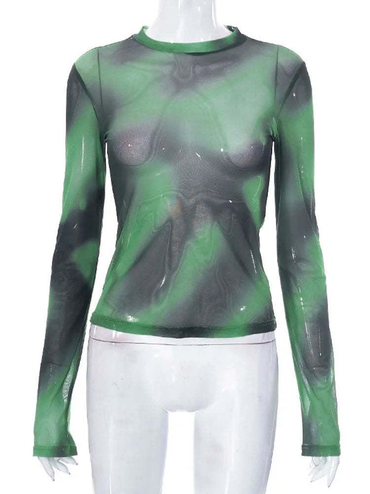 New Dozw Tie Dye Mesh Top For Women Round Neck Slim Fit