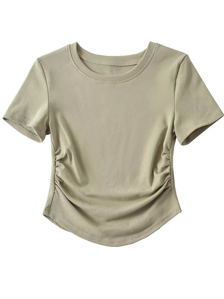 Harajuku 2024 Womens Crew Neck Ruched Side Cotton Tee