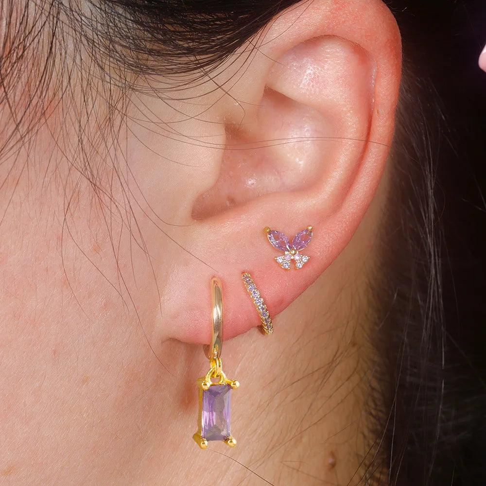 Elegant Rose Red Zircon Stainless Steel Hoop Earrings Set for Women