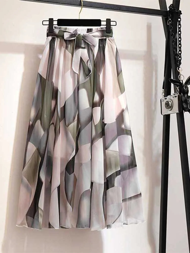Chiffon Midi Skirt Women High Waist Korean Style White