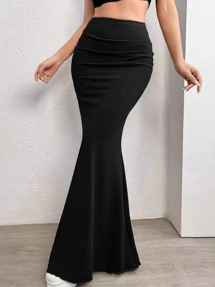 Solid Bodycon Ruched Mermaid Maxi Skirt For Women Black