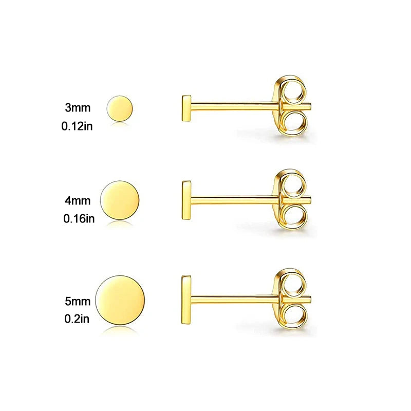 3 Pairs 18K Gold Plated Stainless Steel Mini Round Stud Earrings Set for Women and Men