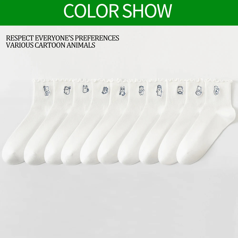 6 Pairs White Cotton Womens Mid Crew Cartoon Ruffle Socks