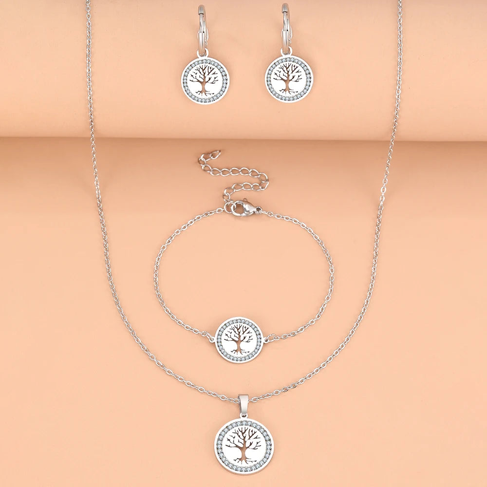 Stainless Steel Tree of Life Jewelry Set for Women Elegant Necklace and Earrings Gift for Weddings and Anniversaries